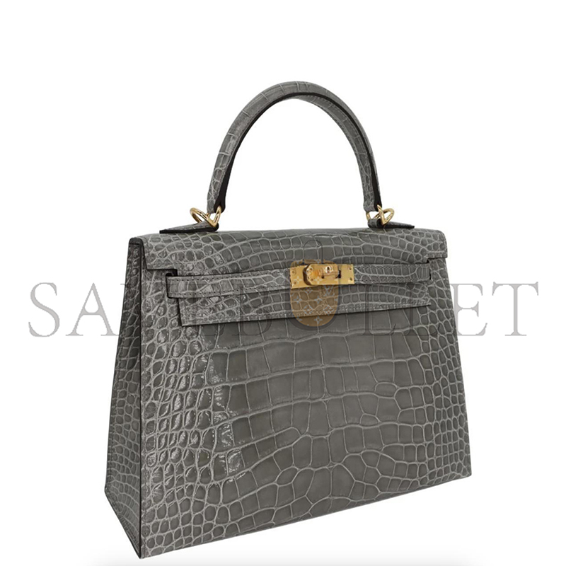 HERMÈS MASTER KELLY 25 SELLIER GRIS CEMENT SHINY ALLIGATOR GOLD HARDWARE (25*17*7cm) 